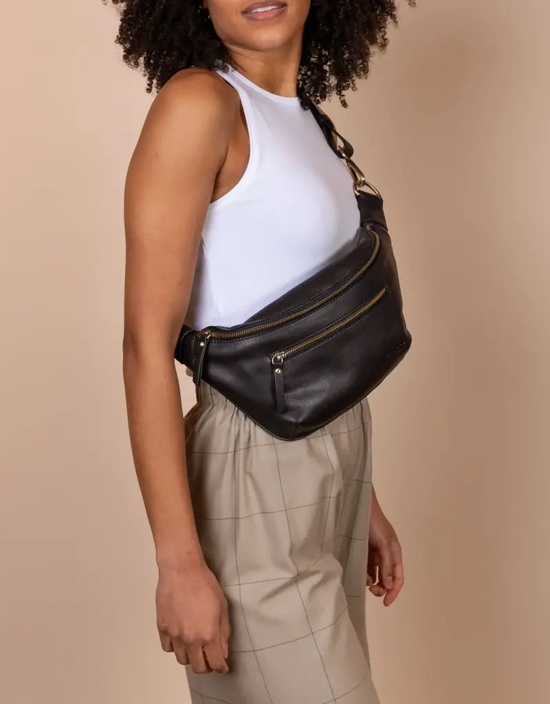 The Desiree Bum Bag ­in Black Soft Grain Leather w/ Checkered & Black Leather Straps