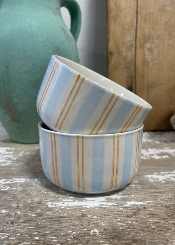 Hand-Painted Stoneware Bowl w/ Pattern -Blue/Orange Stripe