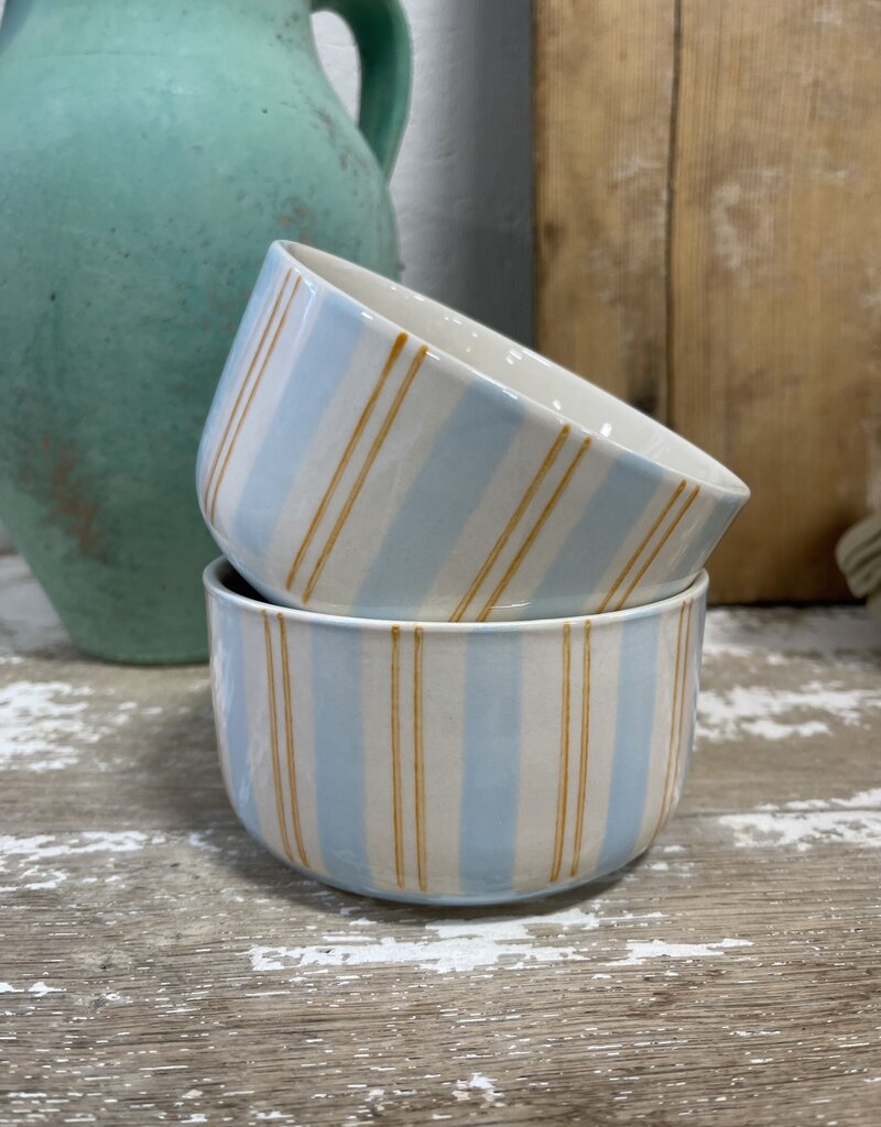 Hand-Painted Stoneware Bowl w/ Pattern -Blue/Orange Stripe