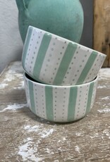 Hand-Painted Stoneware Bowl w/ Pattern -Thick green Stripe