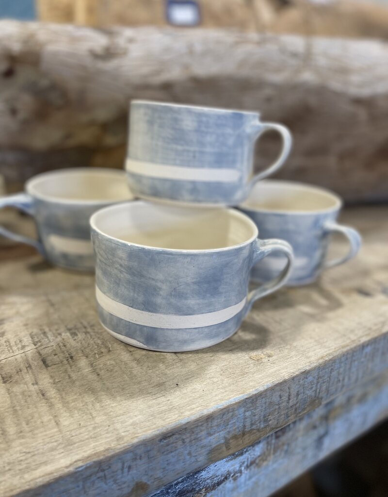 Wonki Ware Large Soup Mug hand painted blue stripe cup bowl