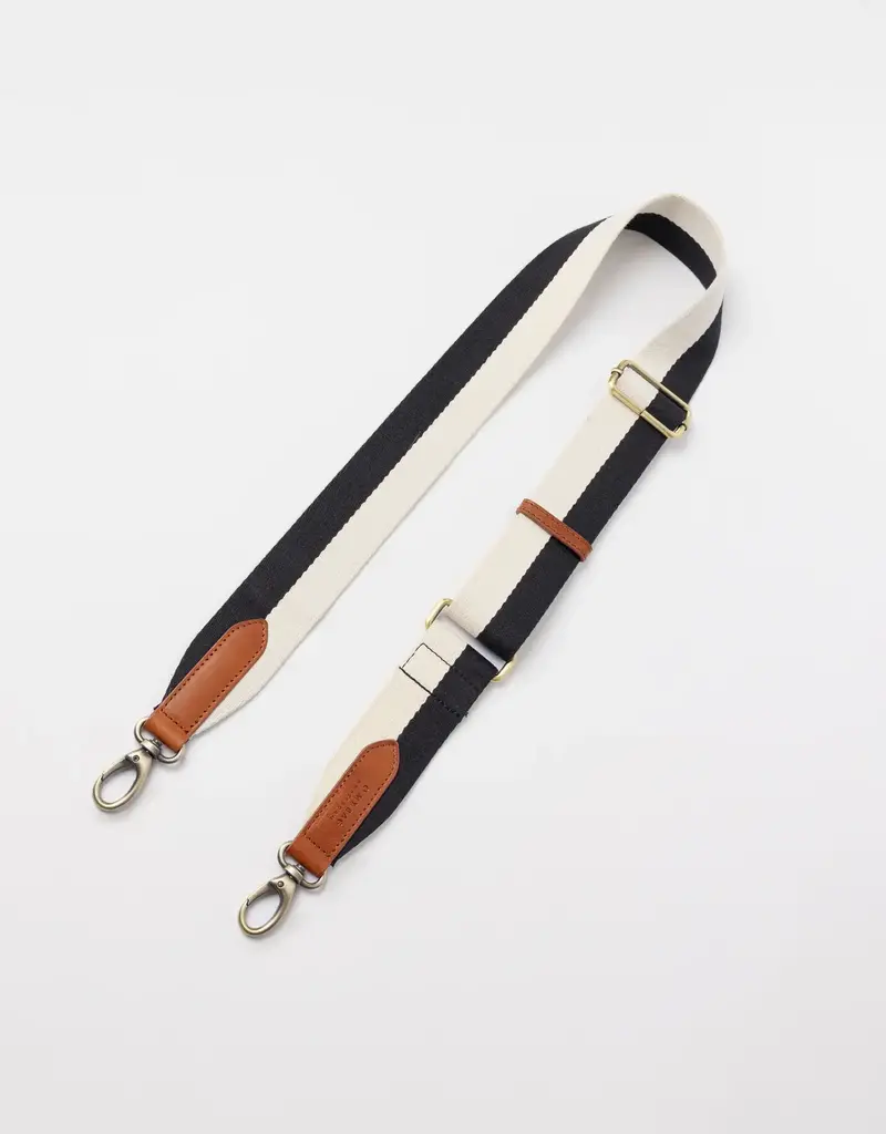 Striped Webbing Strap ­ Black & White / Cognac Classic Leather