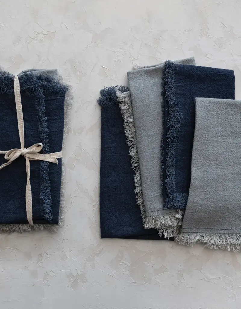 Linen Blend Napkins w/ Fringe, Navy Color & Blue, Set of 4