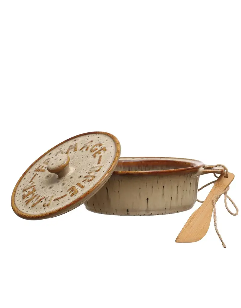 Stoneware Brie Baker w/ Bamboo Spreader, Set  of 2 (Each one will vary)