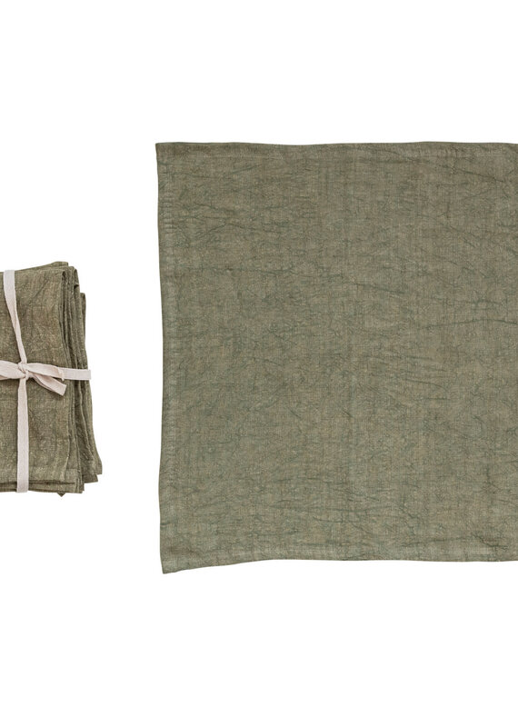 18" Square Stonewashed Linen Napkins, Olive Green Set of 4
