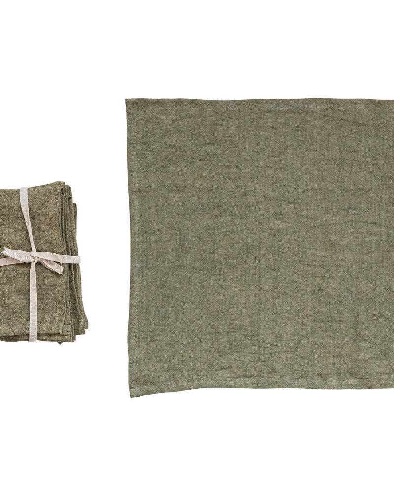 18" Square Stonewashed Linen Napkins, Olive Green Set of 4