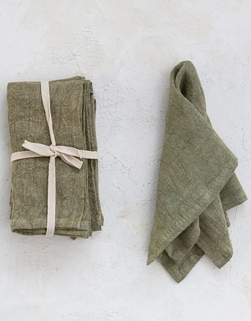 18" Square Stonewashed Linen Napkins, Olive Green Set of 4
