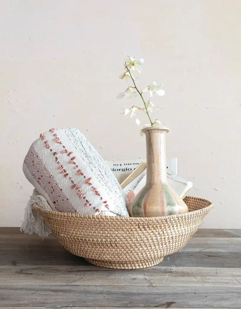 Decorative Hand-Woven Rattan Footed Bowl, Natural
