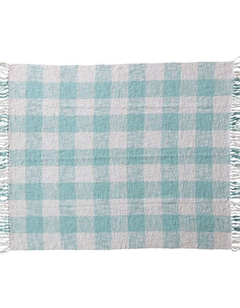 Hand-Woven Cotton Throw w/ Fringe mint & cream plaid  60"L x 50"W