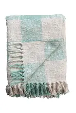 Hand-Woven Cotton Throw w/ Fringe mint & cream plaid  60"L x 50"W