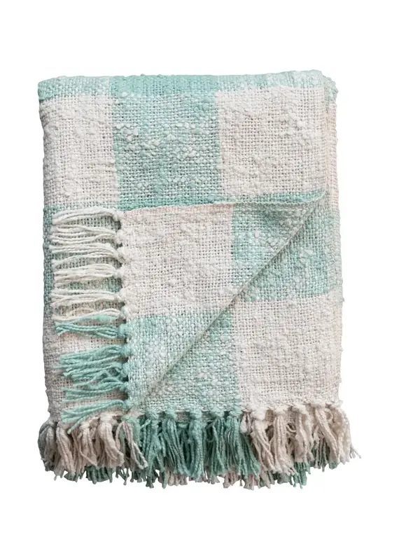 Hand-Woven Cotton Throw w/ Fringe mint & cream plaid  60"L x 50"W