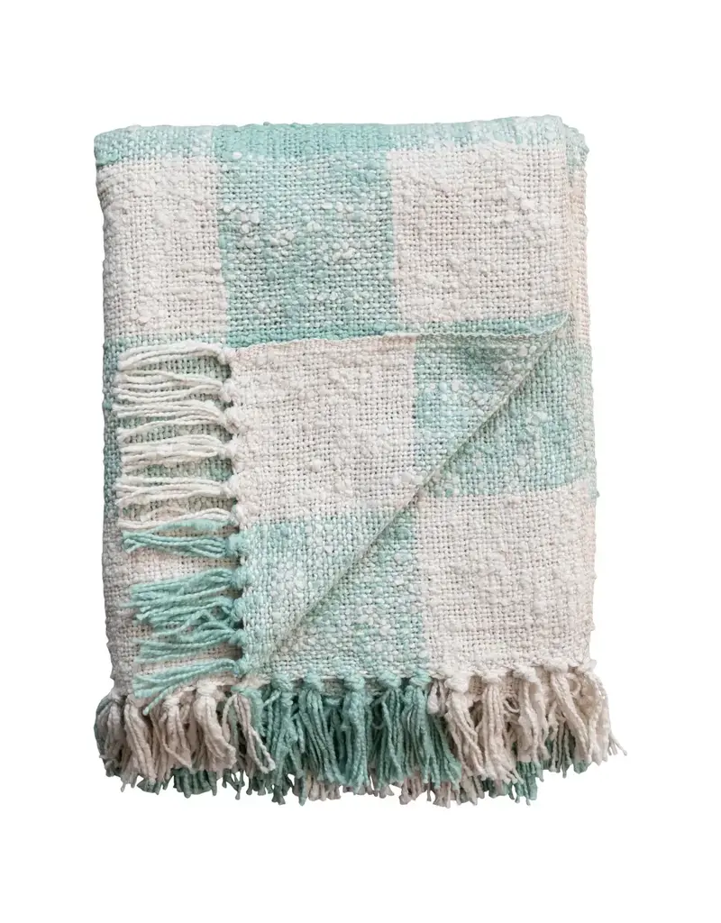 Hand-Woven Cotton Throw w/ Fringe mint & cream plaid  60"L x 50"W