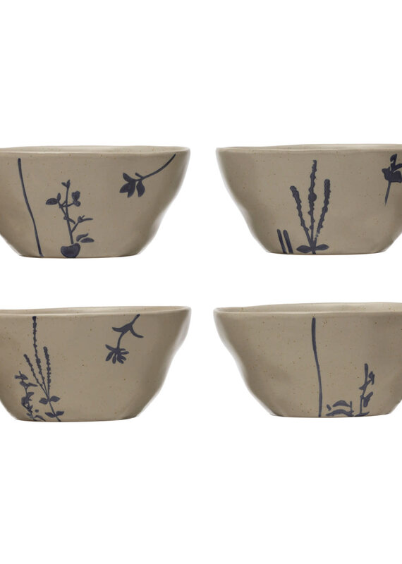 Hand-Stamped Stoneware Bowl w/ Botanicals, 4 styles