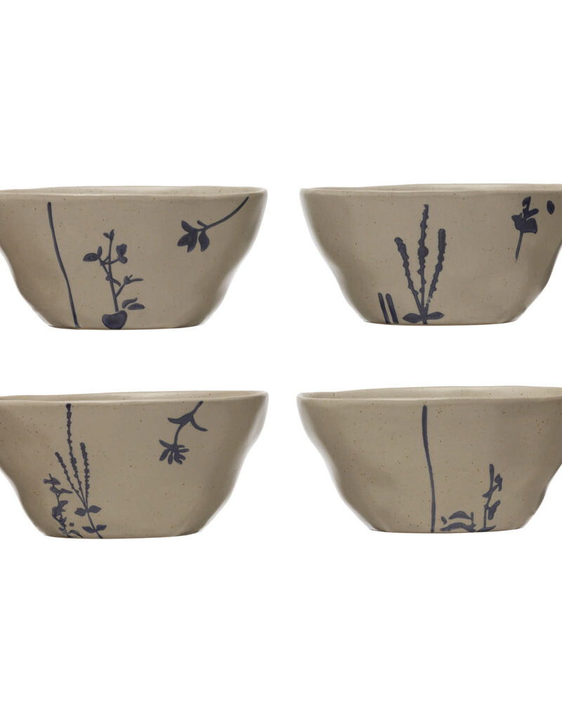 Hand-Stamped Stoneware Bowl w/ Botanicals, 4 styles