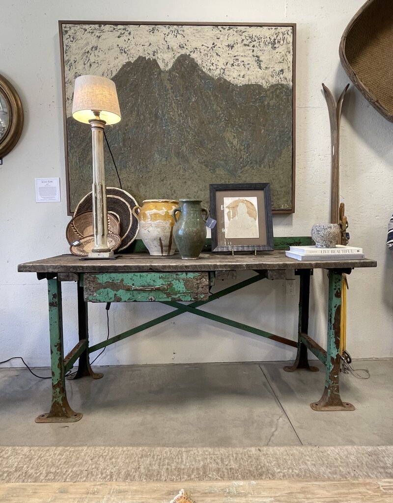 Farm & Factory Interiors Green Work Table w/Metal legs 66" L x 28.5" W x 33" H