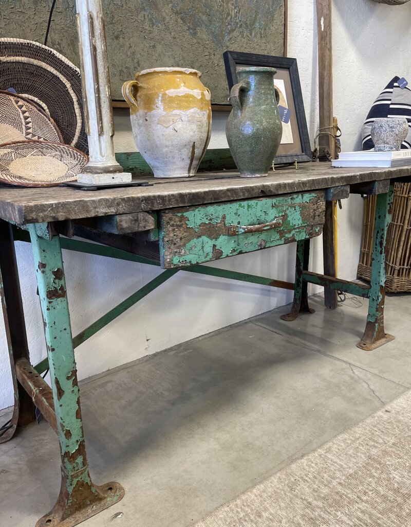 Farm & Factory Interiors Green Work Table w/Metal legs 66" L x 28.5" W x 33" H