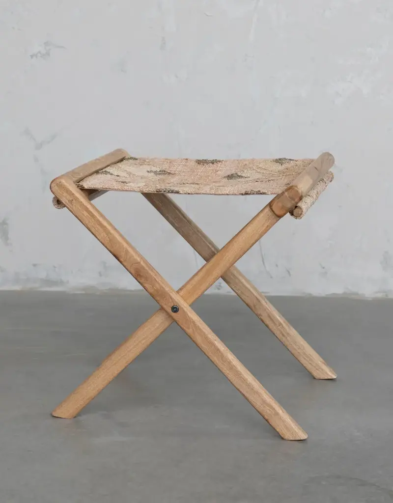 Mango Wood & Jute Kilim Folding Stool