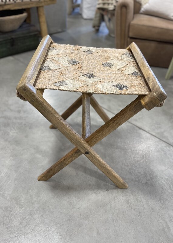 Mango Wood & Jute Kilim Folding Stool