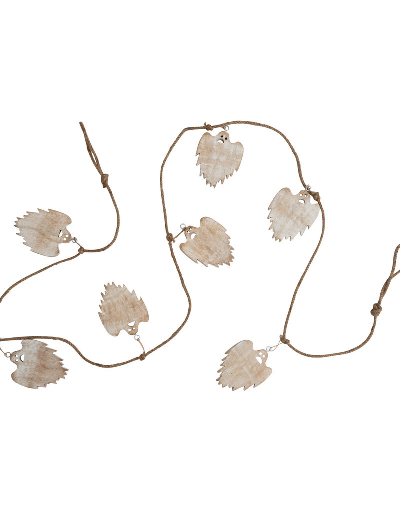 72"L Jute and Mango Wood Ghost Garland, White