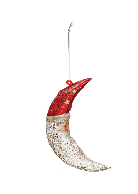 6-1/4"H Hand-Painted Mercury Glass Santa Moon Ornament w/ Glitter, Red & Silver Finish