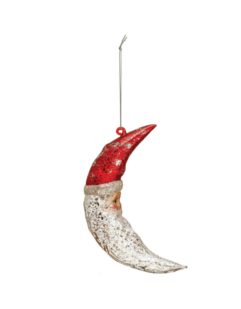 6-1/4"H Hand-Painted Mercury Glass Santa Moon Ornament w/ Glitter, Red & Silver Finish