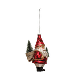Hand-Painted Glass Garden Santa Ornament w/ Bottle Brush Trees & Glitter