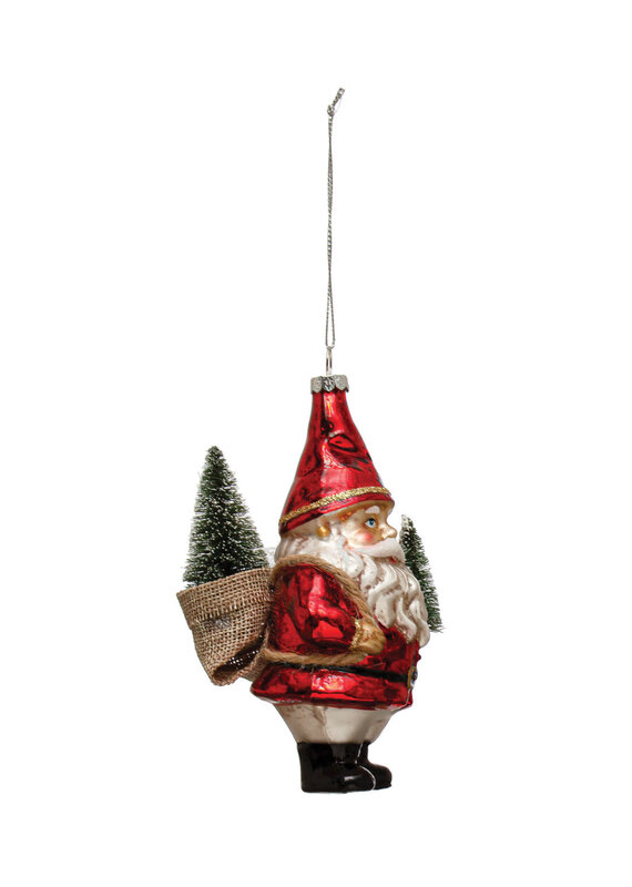Hand-Painted Glass Garden Santa Ornament w/ Bottle Brush Trees & Glitter