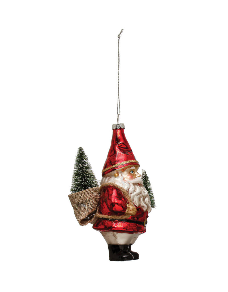 Hand-Painted Glass Garden Santa Ornament w/ Bottle Brush Trees & Glitter