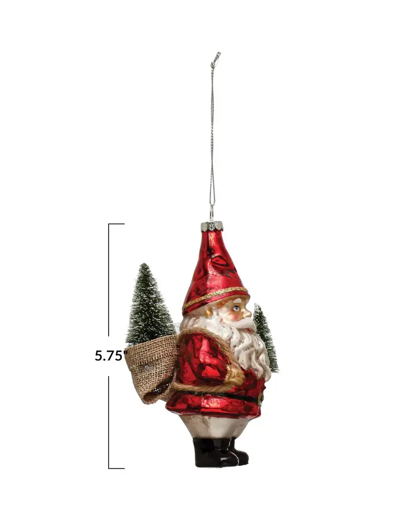 Hand-Painted Glass Garden Santa Ornament w/ Bottle Brush Trees & Glitter