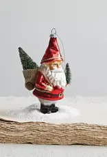 Hand-Painted Glass Garden Santa Ornament w/ Bottle Brush Trees & Glitter