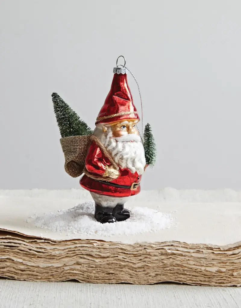 Hand-Painted Glass Garden Santa Ornament w/ Bottle Brush Trees & Glitter