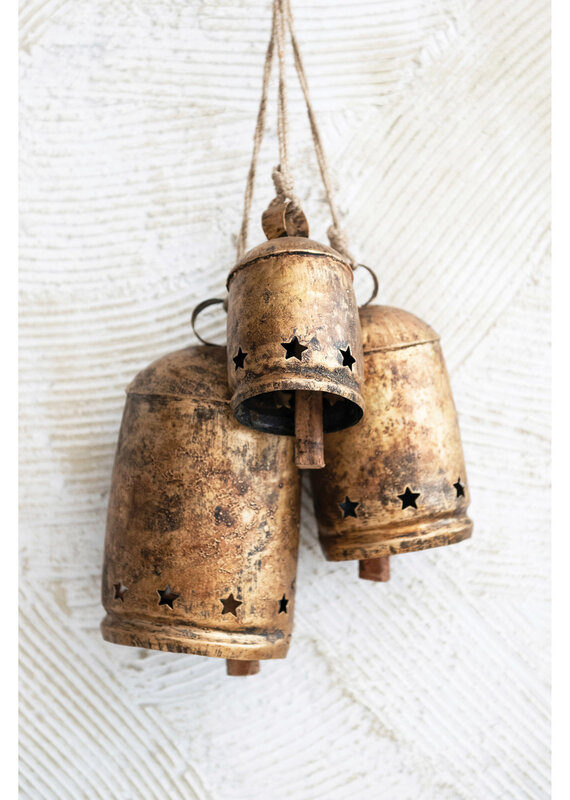Metal Bell on Jute Rope with Star Cut-Outs  3" Round x 6"H