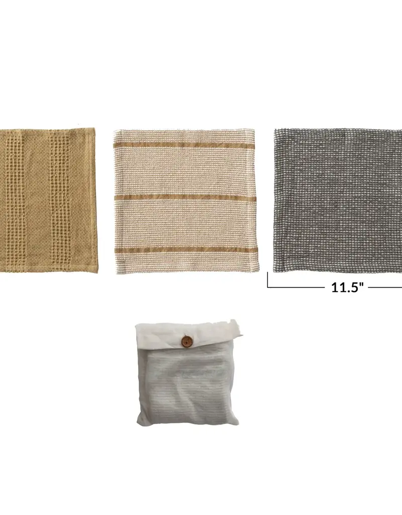 Cotton Waffle Weave Dish Cloths w/ Loop, Set of 3 in Bag
