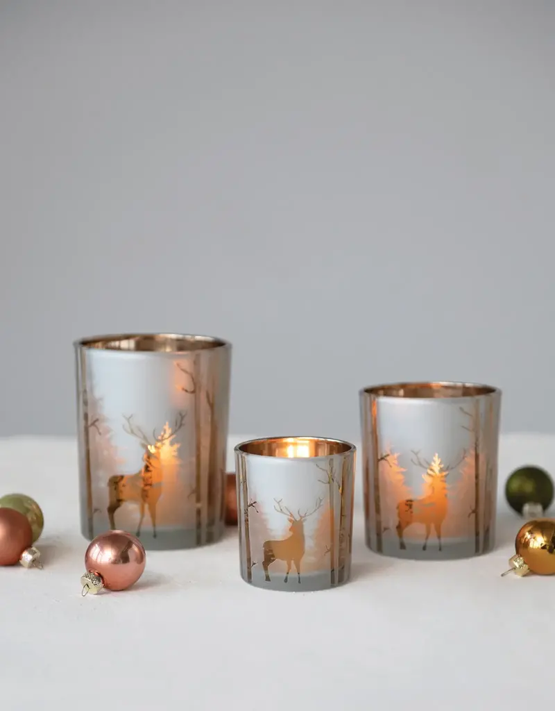 Mercury Glass Candle Holder with Laser Etched Scene 2-3/4" Round x 3"H