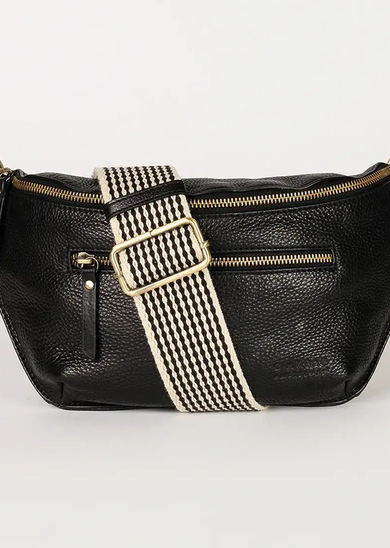 The Desiree Bum Bag ­in Black Soft Grain Leather w/ Checkered & Black Leather Straps