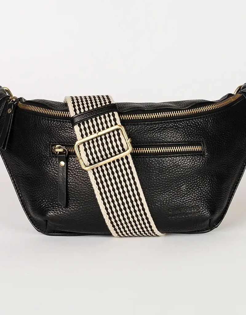 The Desiree Bum Bag ­in Black Soft Grain Leather w/ Checkered & Black Leather Straps