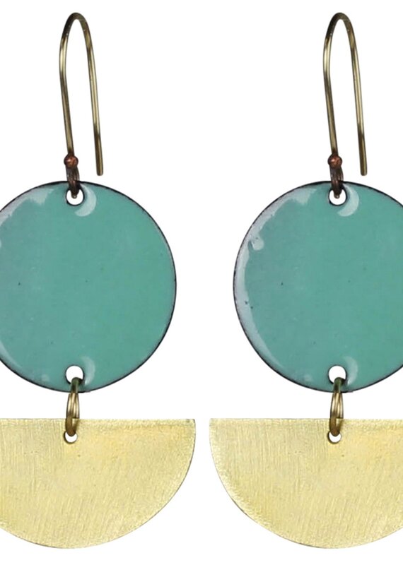 Donte Earrings, Circle with Semi-Circle, Aqua Enamel & Brass