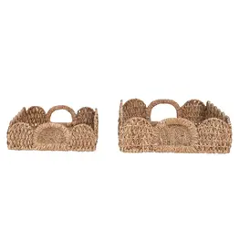 Decorative Braided Bankuan Trays w/ Handles & Scalloped Edge, Set of 2