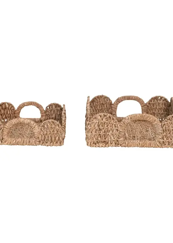Decorative Braided Bankuan Trays w/ Handles & Scalloped Edge, Set of 2