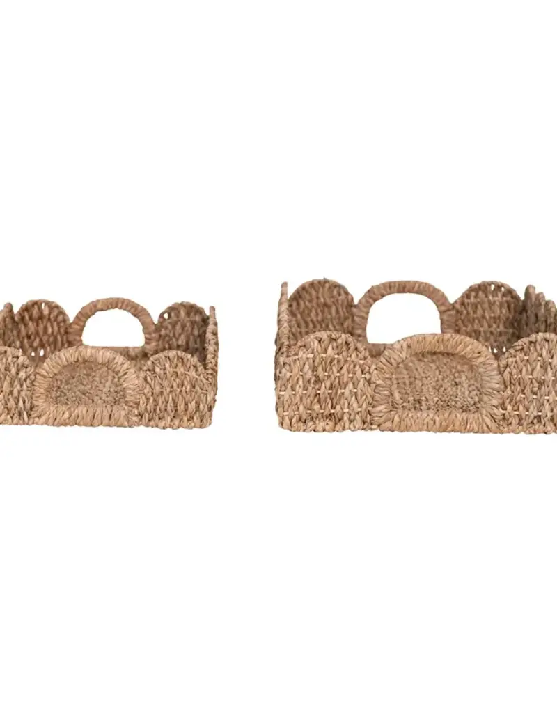 Decorative Braided Bankuan Trays w/ Handles & Scalloped Edge, Set of 2