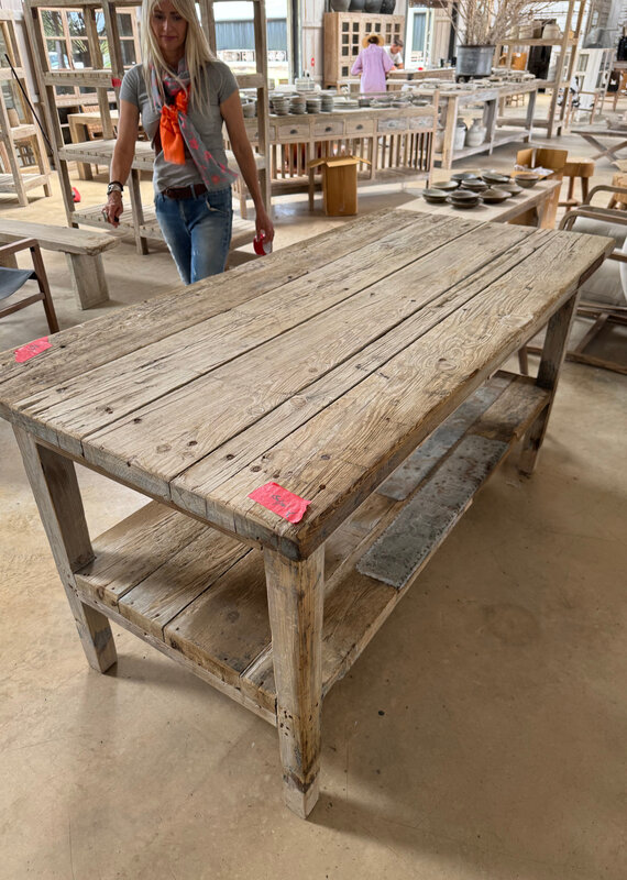 72 x 35 x 36 Vintage Teak Prep Kitchen Island w Staging Shelf - RT 6/25