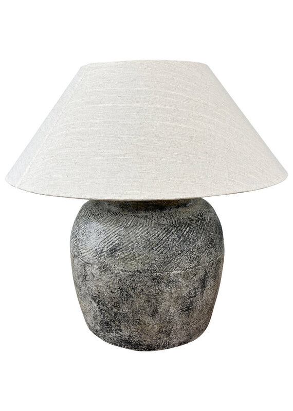 Rustic Vintage Sandstone Table Lamp with Beige Lamp Shade  - 21H x 9C