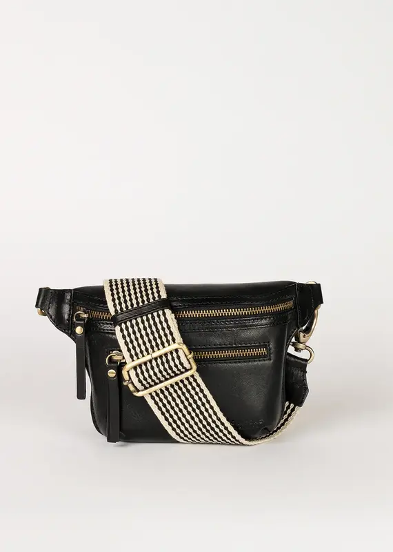 Des Mini Bum Bag in Black Stromboli Leather - Checkered Strap