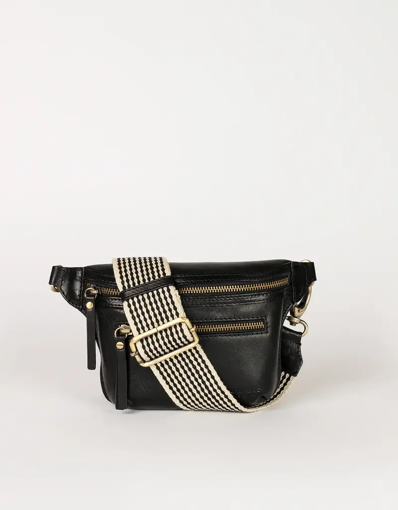 Des Mini Bum Bag in Black Stromboli Leather - Checkered Strap