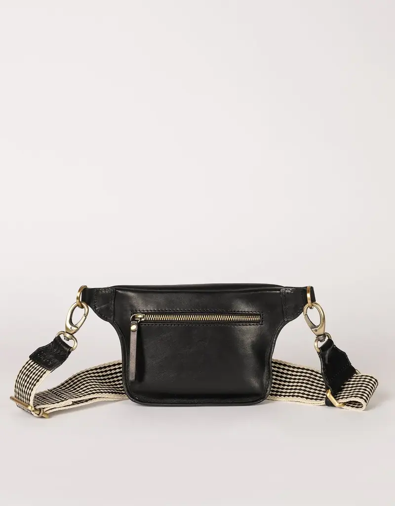 Des Mini Bum Bag in Black Stromboli Leather - Checkered Strap
