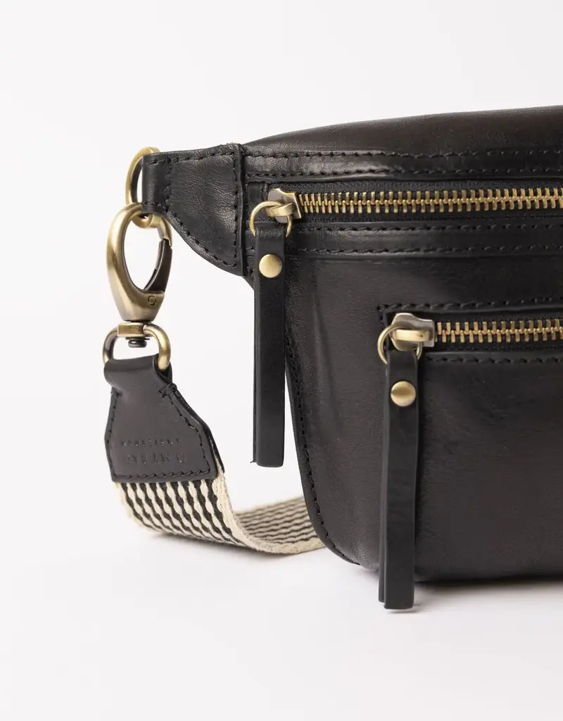 Des Mini Bum Bag in Black Stromboli Leather - Checkered Strap