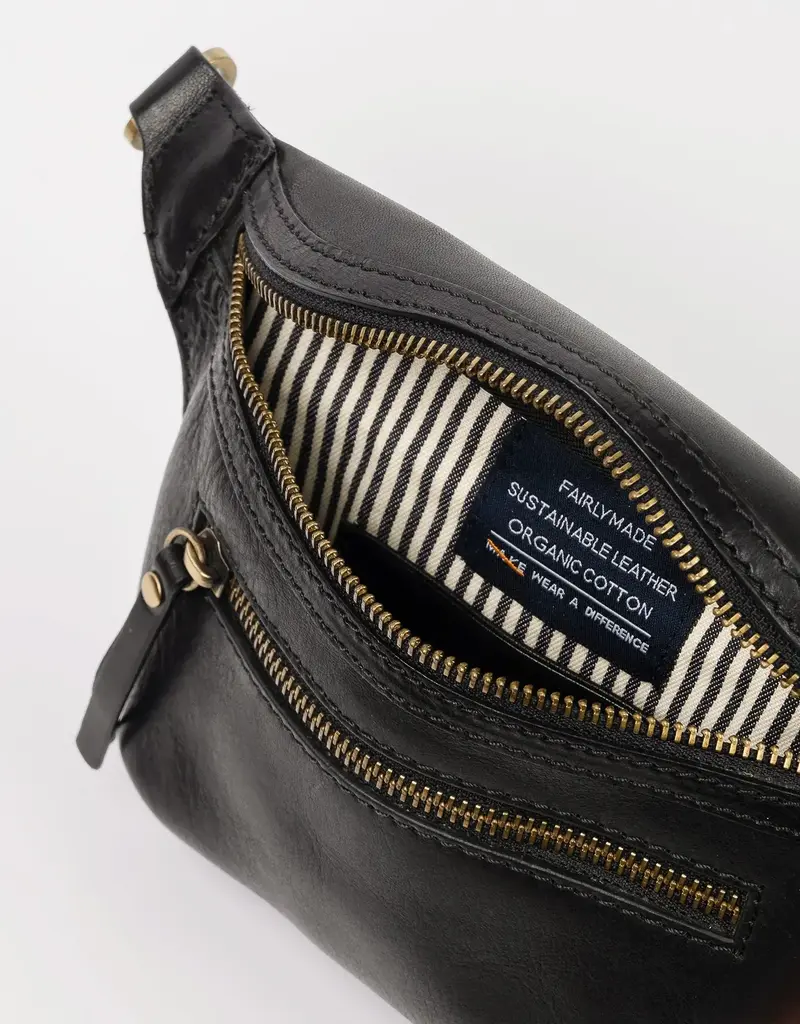 Des Mini Bum Bag in Black Stromboli Leather - Checkered Strap