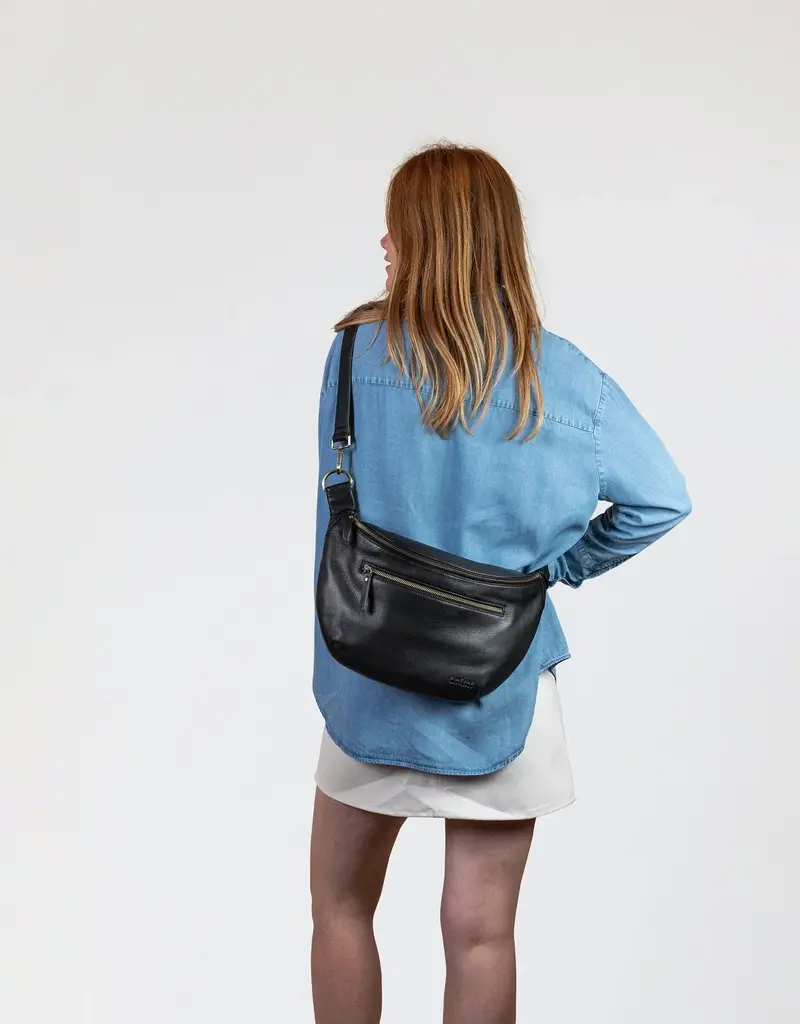 Desiree Maxi Crossbody Bag in Black Soft Grain Leather with Adjustable Checkered and Leather Straps