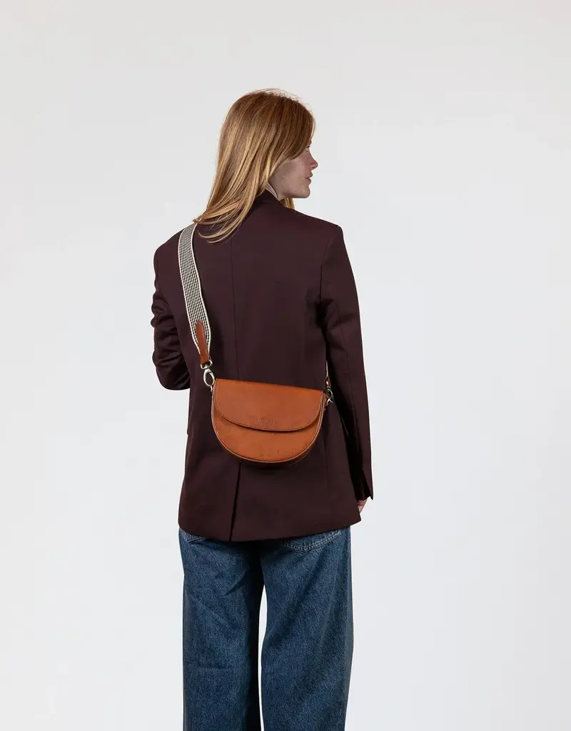 Desiree Crossbody Clutch in Cognac Classic Leather - 2 Straps: Checkered and Cognac