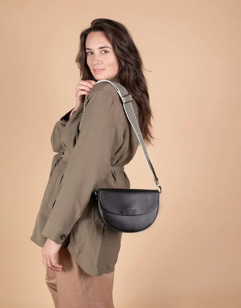 Desiree Crossbody Clutch in Black Classic Leather - 2 Straps: Checkered and Cognac